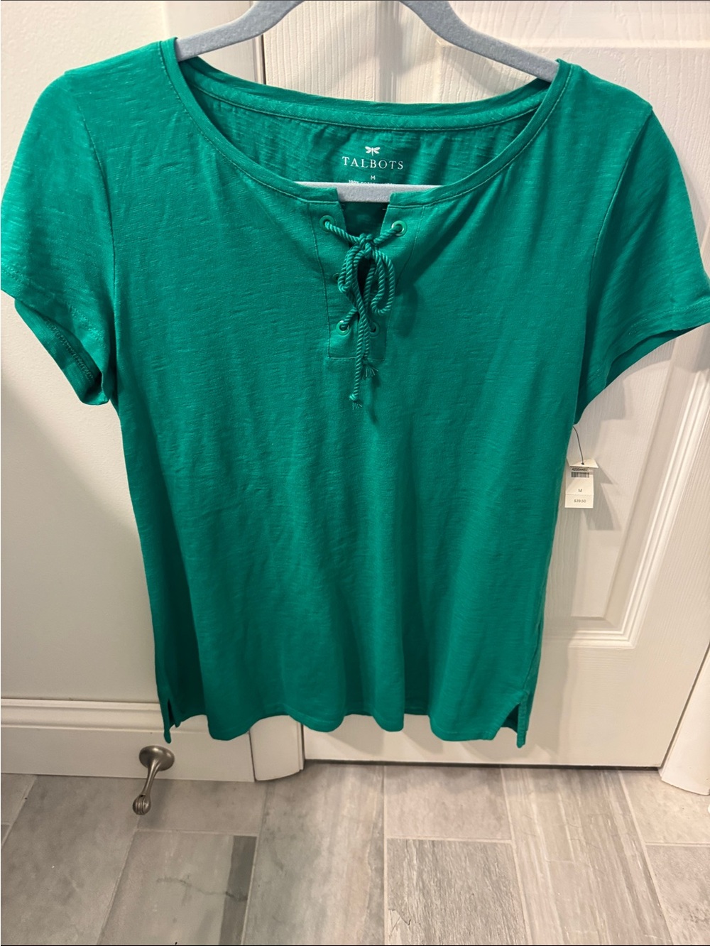 Talbots Short-Sleeve Lace-Up Knit Top in Emerald NWT